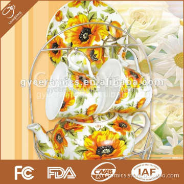 5 pcs porcelain set: 2 cups and 2 saucers and 1 tea pot with metal stand in color box